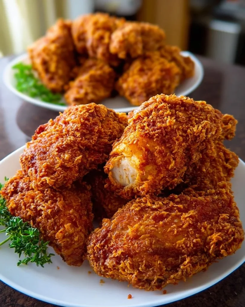 Plate of crispy fried chicken with a golden brown crust and garnished with herbs
