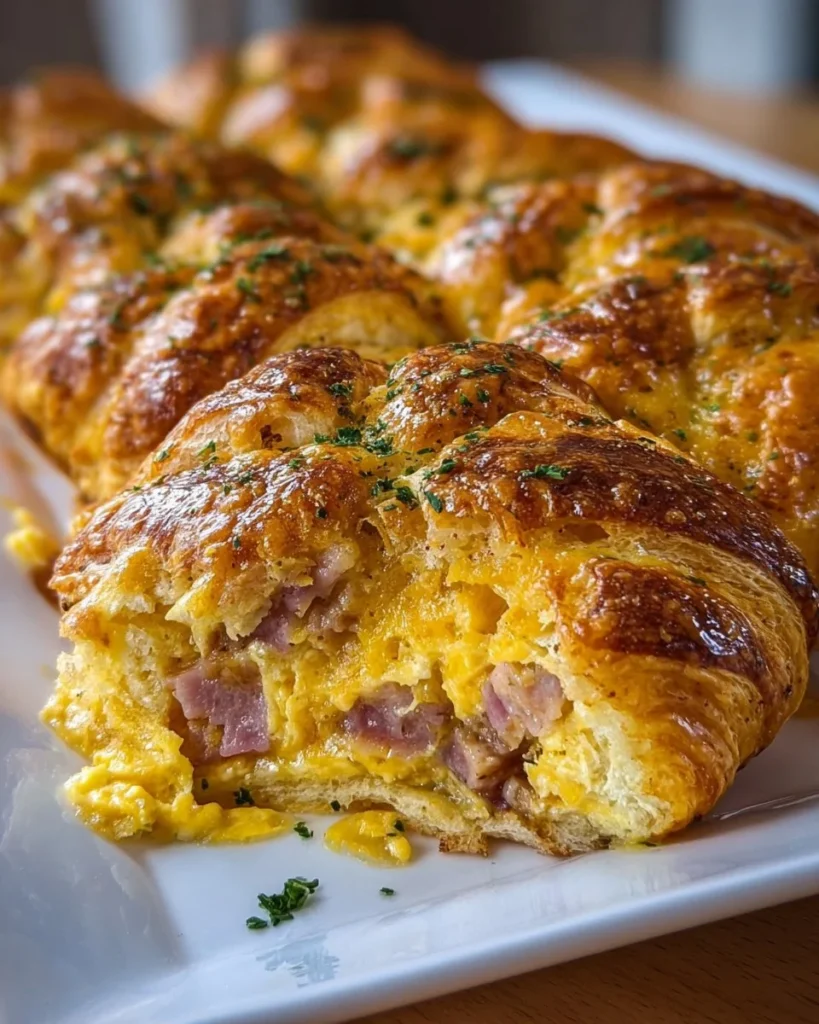 Delicious Croissant Bake Breakfast Casserole topped with fresh herbs.