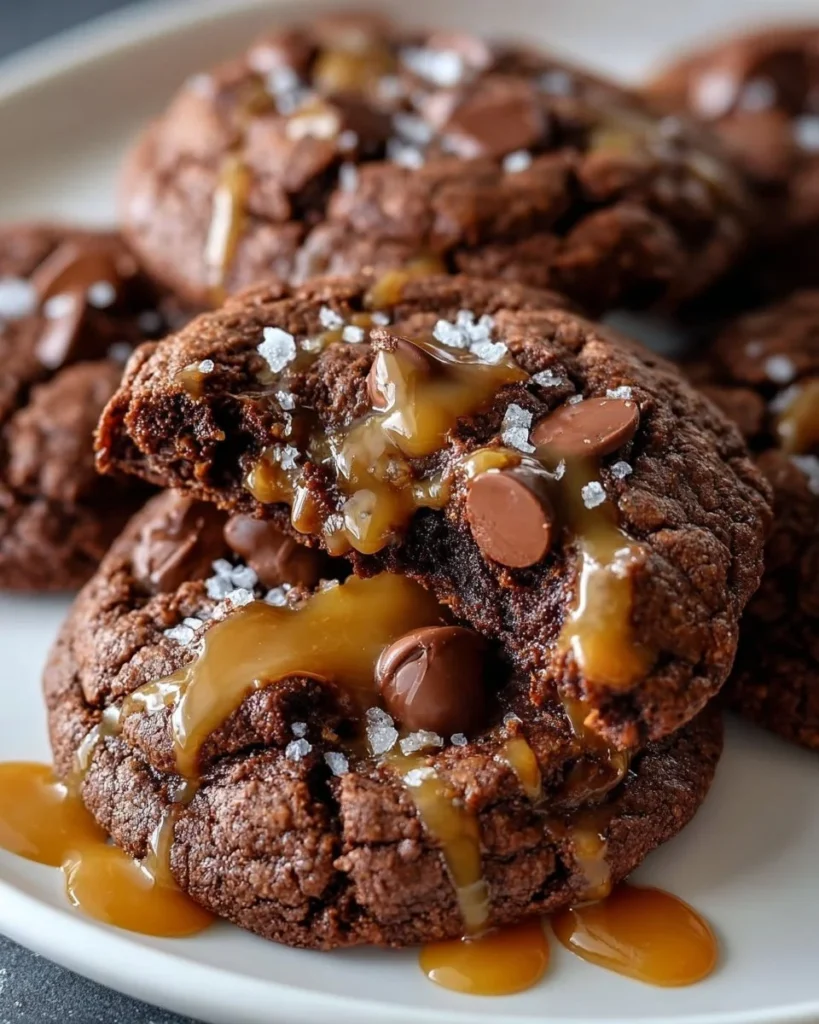 Double chocolate salted caramel cookies on a cooling rack