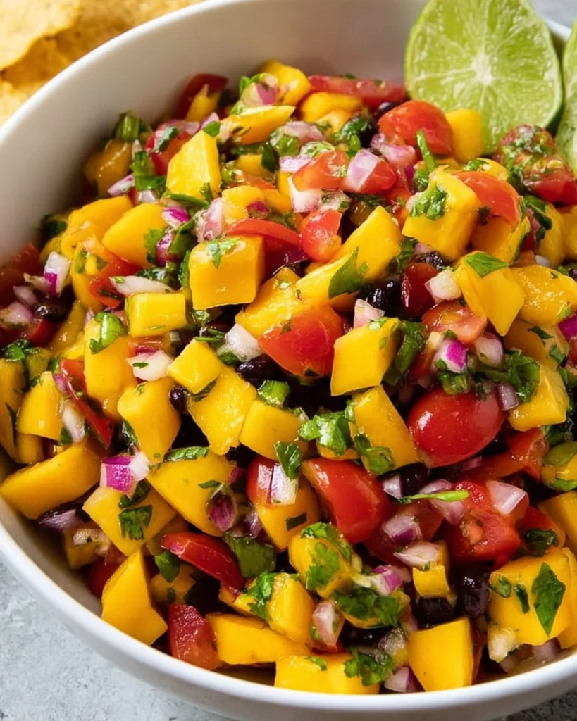 Bowl of easy mango salsa with fresh ingredients ready to serve