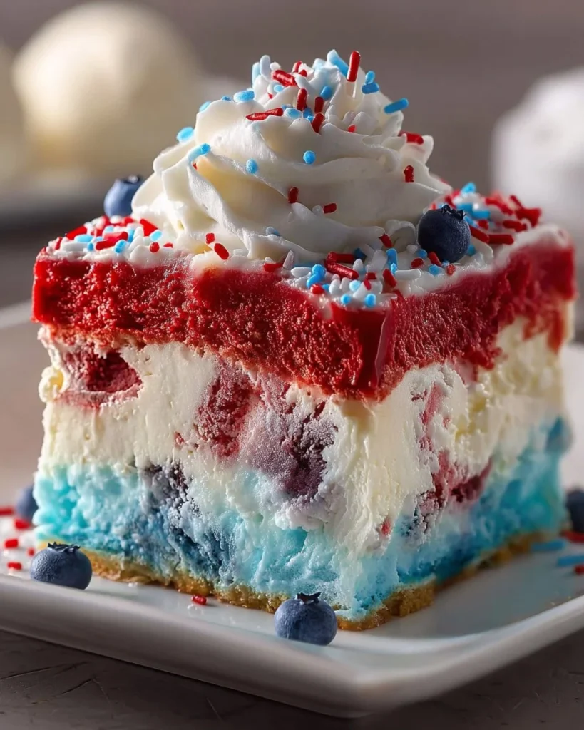 Frozen 3 USA Flag Colors Ice Cream Cake with colorful layers of ice cream.