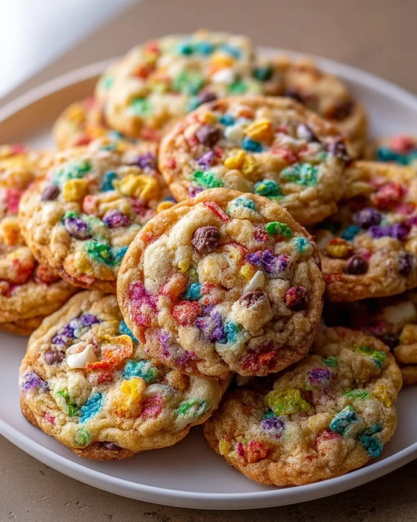 Fruity Pebbles cookies fresh out of the oven, colorful and delicious.