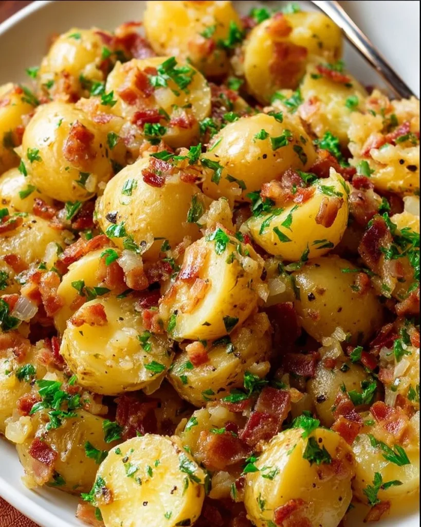 Bowl of traditional German Potato Salad with herbs and dressing