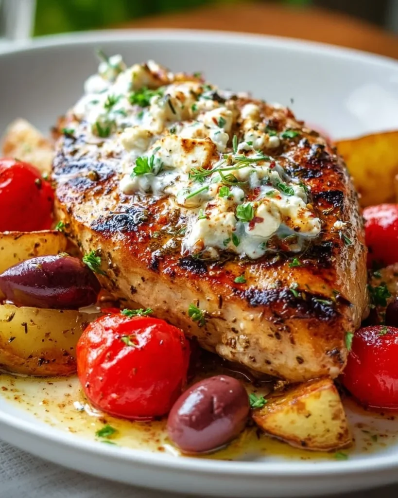 Delicious Greek chicken dinner served with vegetables and herbs.