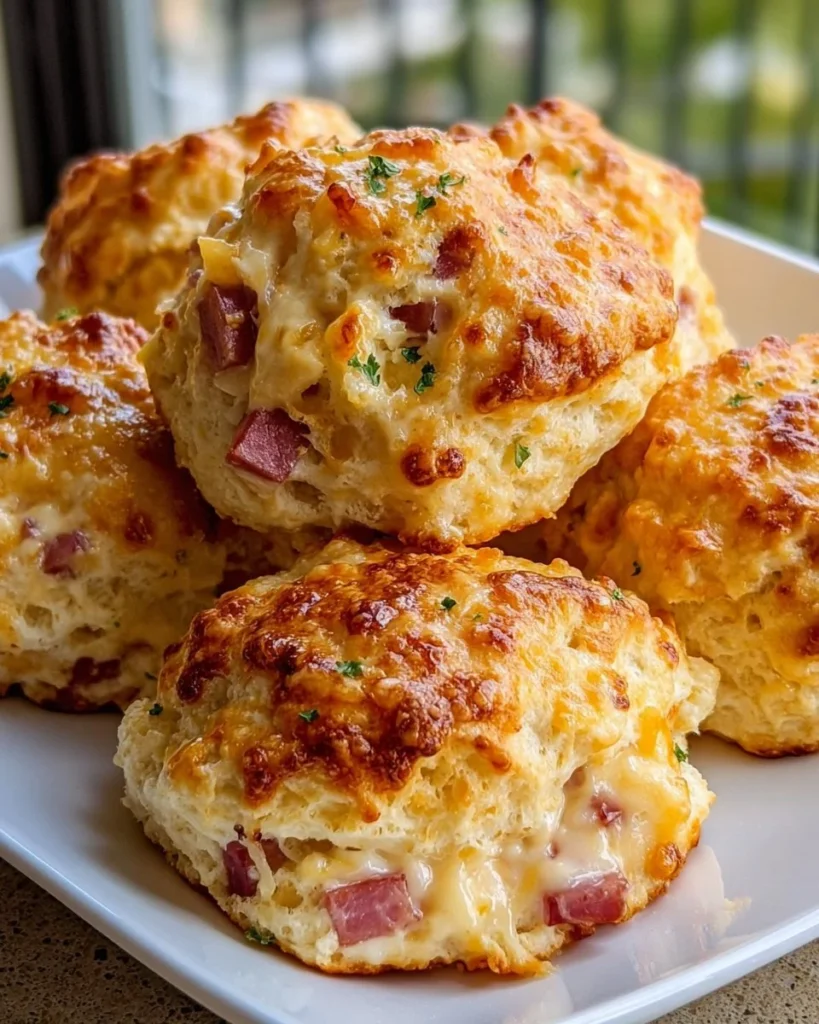 Freshly baked ham and cheese butter biscuits on a rustic wooden table.