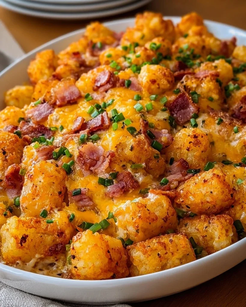 Delicious Ham Tater Tot Bake served in a casserole dish with melted cheese on top.