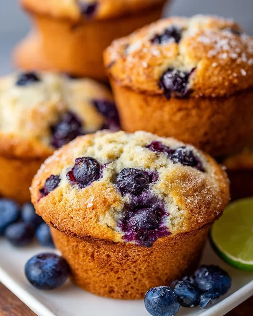 Freshly baked healthy blueberry muffins on a wooden table.