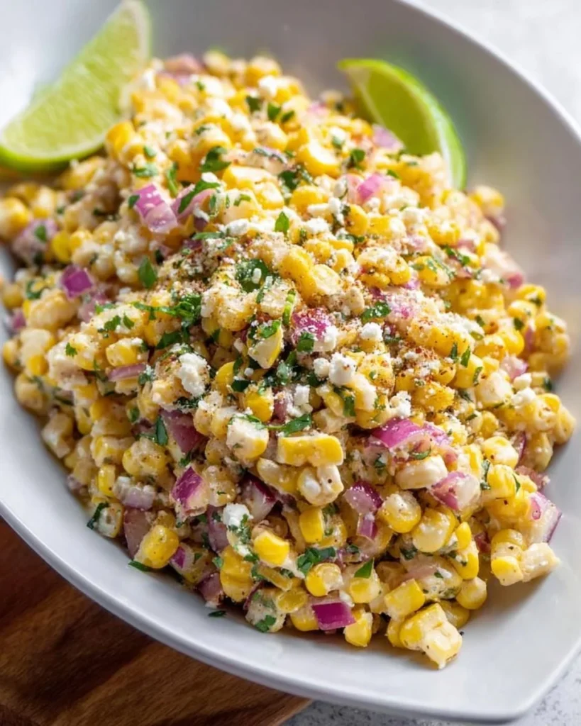 Healthy Mexican street corn salad with fresh ingredients and vibrant colors.