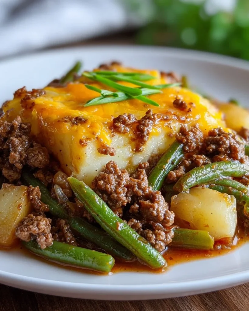 A serving of Hobo Casserole topped with melted cheese and herbs.