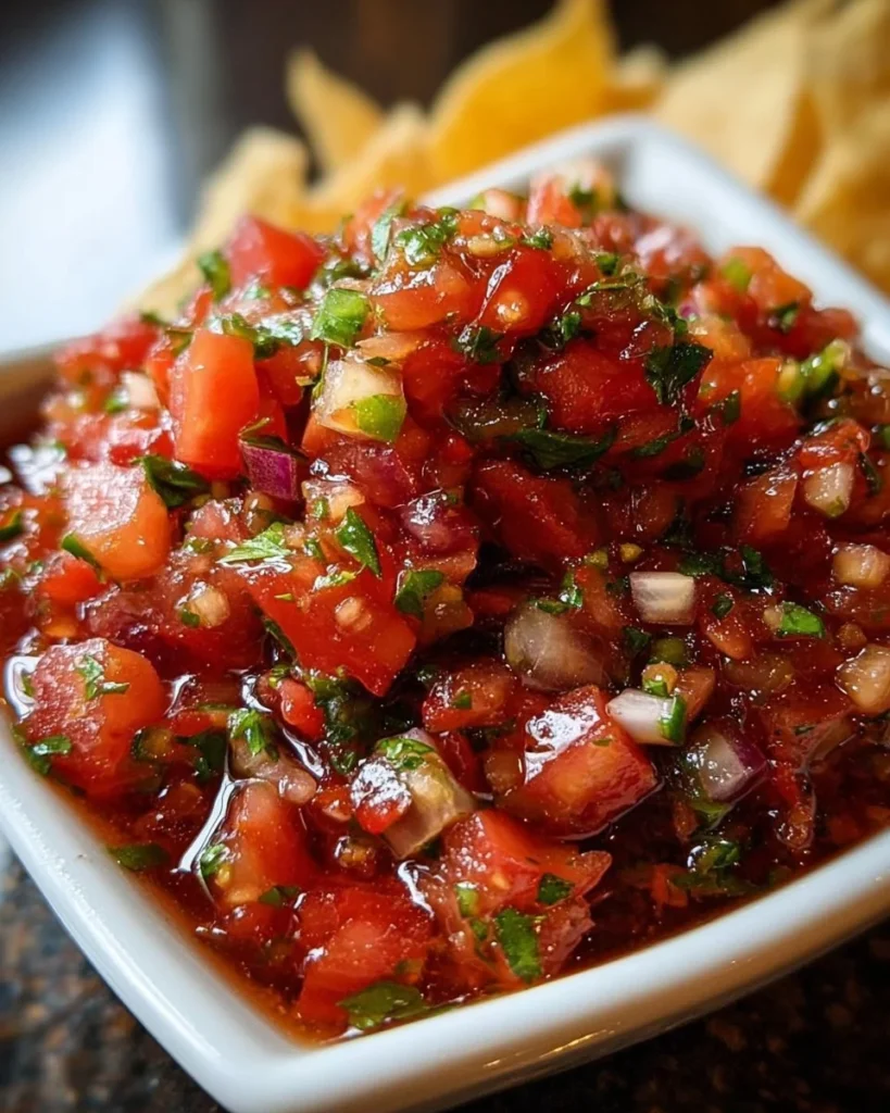 Bowl of fresh homemade salsa with tomatoes, onions, and cilantro