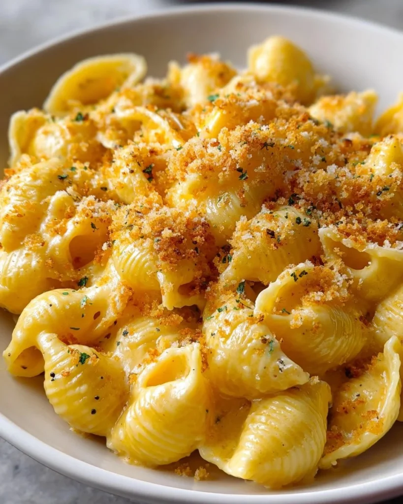 Delicious homemade shells and cheese in a creamy cheese sauce