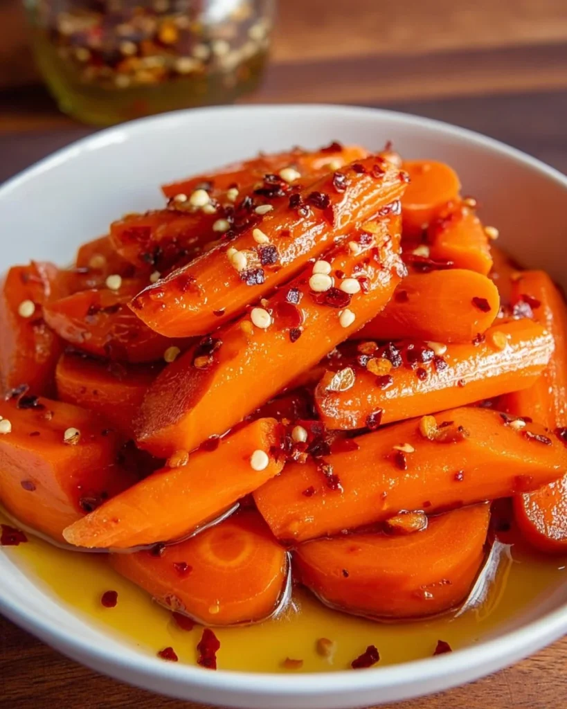 Hot Honey Pickled Carrots in a jar with spices