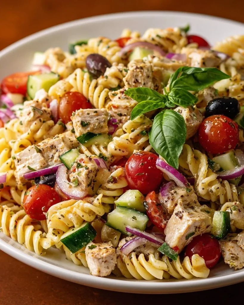 Delicious Italian chicken and pasta salad in a bowl