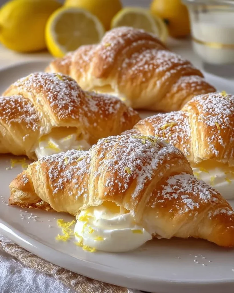 Lemon cream cheese rolls on a plate, showcasing their fluffy crescent pastry and creamy filling.