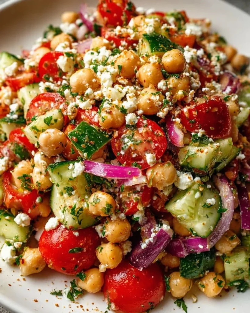 Mediterranean Chickpea Salad with fresh vegetables and dressing