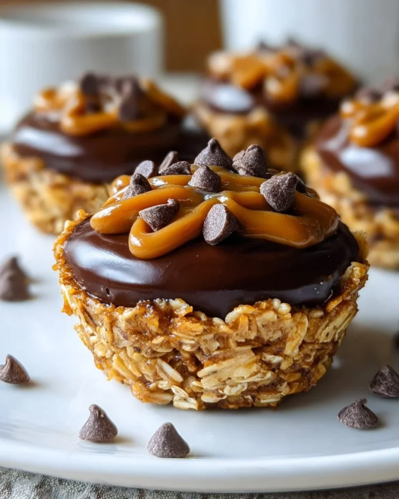 No bake peanut butter granola cups topped with nuts and chocolate chips