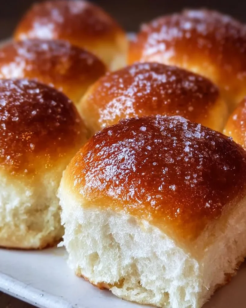 Golden brown no-knead buttermilk dinner rolls fresh out of the oven.
