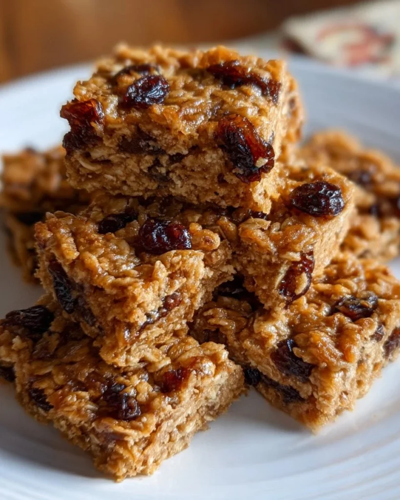 Healthy homemade oatmeal raisin bars on a wooden surface