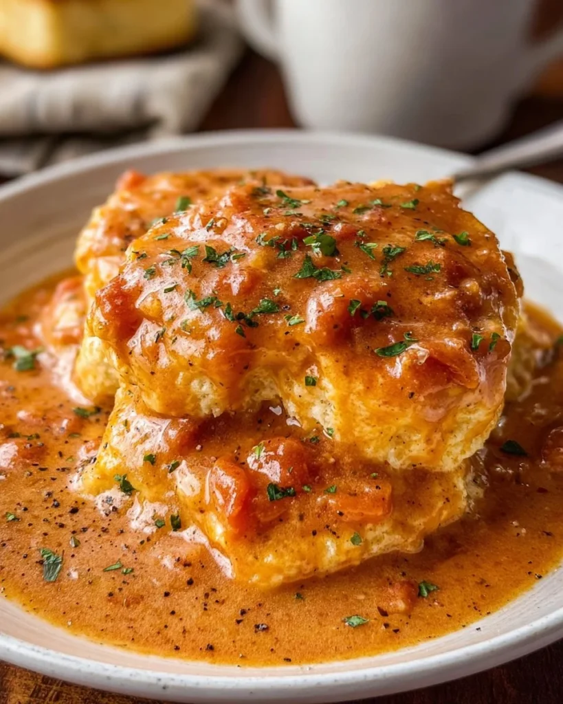 Delicious bowl of Old-Fashioned Southern Tomato Gravy served over biscuits