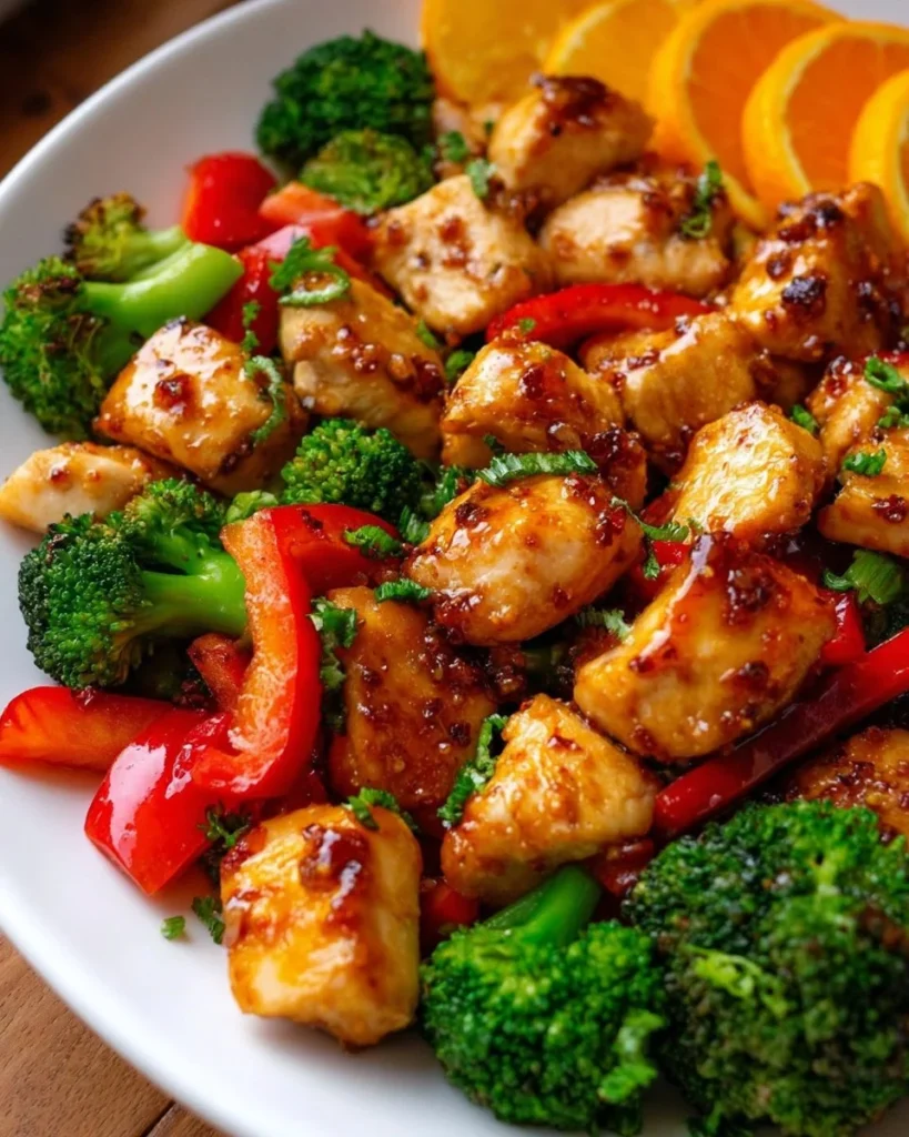 Orange ginger chicken stir-fried with mixed vegetables for a healthy meal.