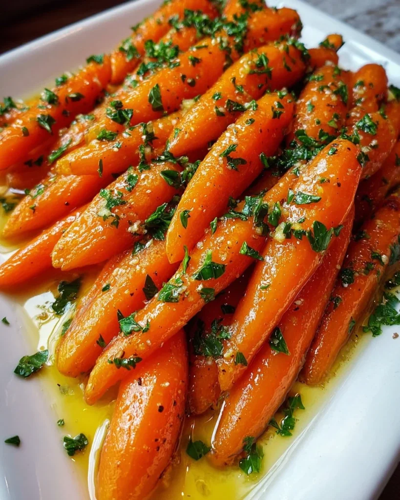 Delicious orange honey glazed carrots dish garnished with herbs