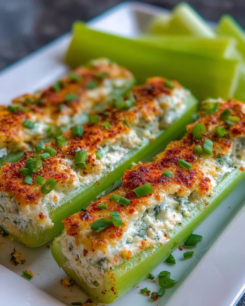 Delicious stuffed celery appetizers filled with cream cheese and herbs.