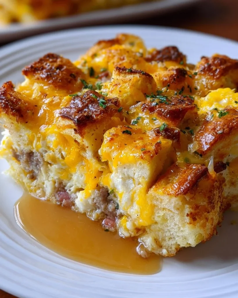 Delicious overnight croissant breakfast casserole ready to bake.