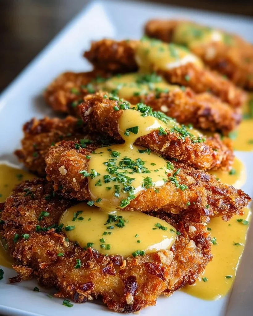 Plate of pretzel-crusted chicken drizzled with creamy mustard cheddar sauce.