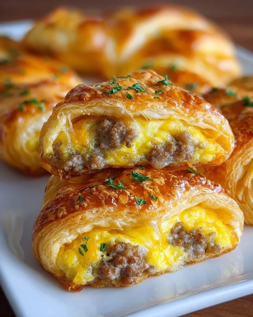 Sausage, egg, and cheese breakfast puffs on a plate, perfect for a hearty morning meal.