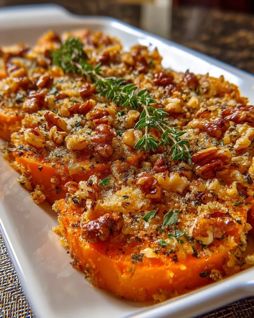 Savory sweet potato casserole topped with marshmallows and pecans