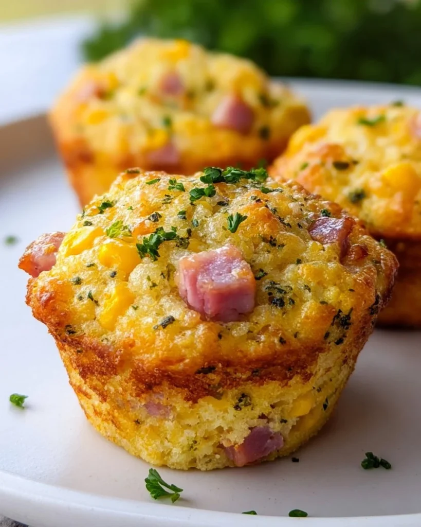 Savoury ham and corn muffins fresh out of the oven on a rustic table.