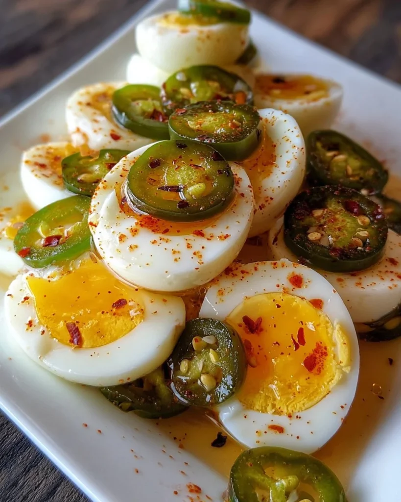 Spicy pickled eggs served in a jar with herbs and spices