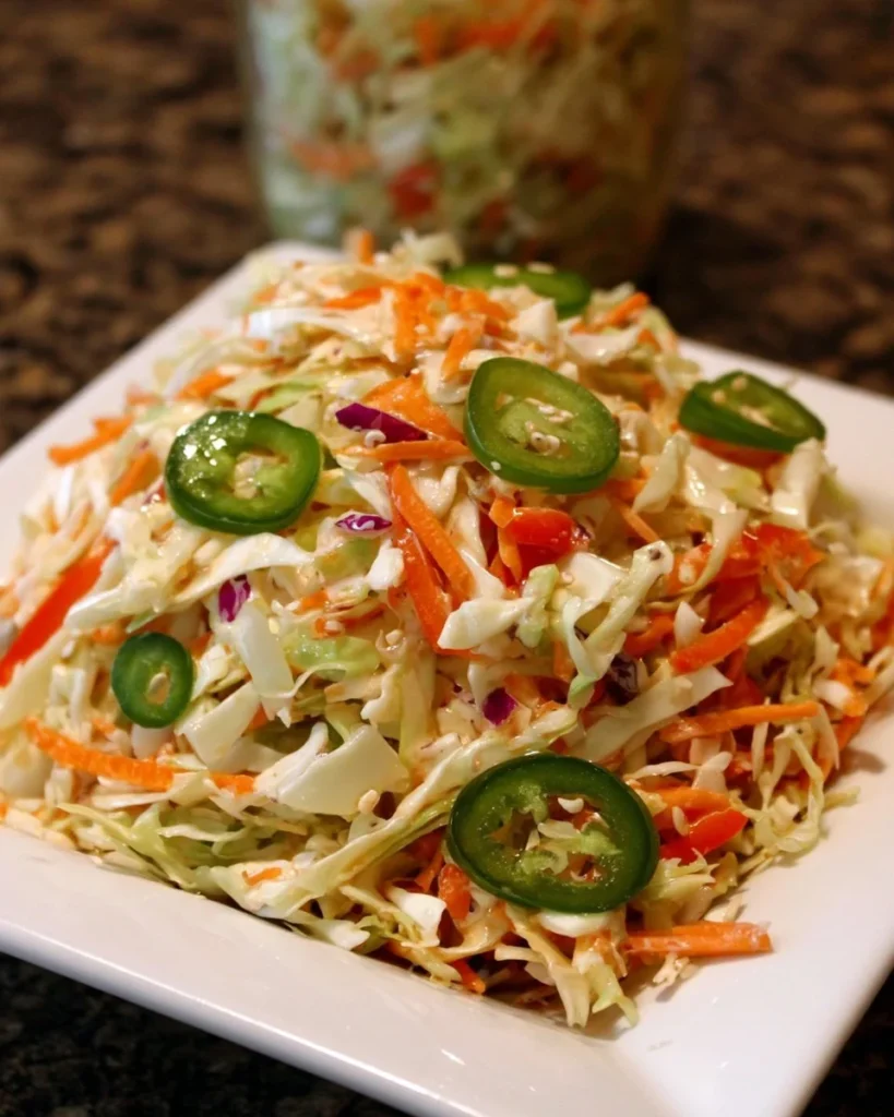 Bowl of vibrant spicy slaw with colorful vegetables and a zesty dressing.