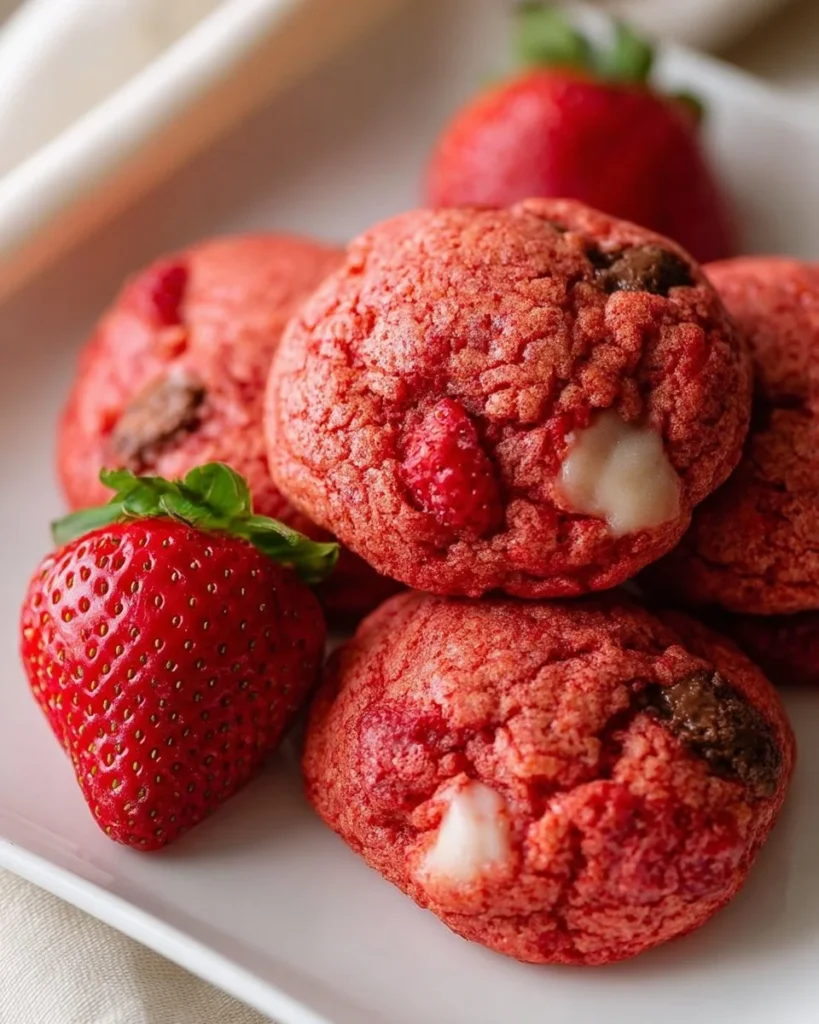 Freshly baked strawberry cookies on a cooling rack