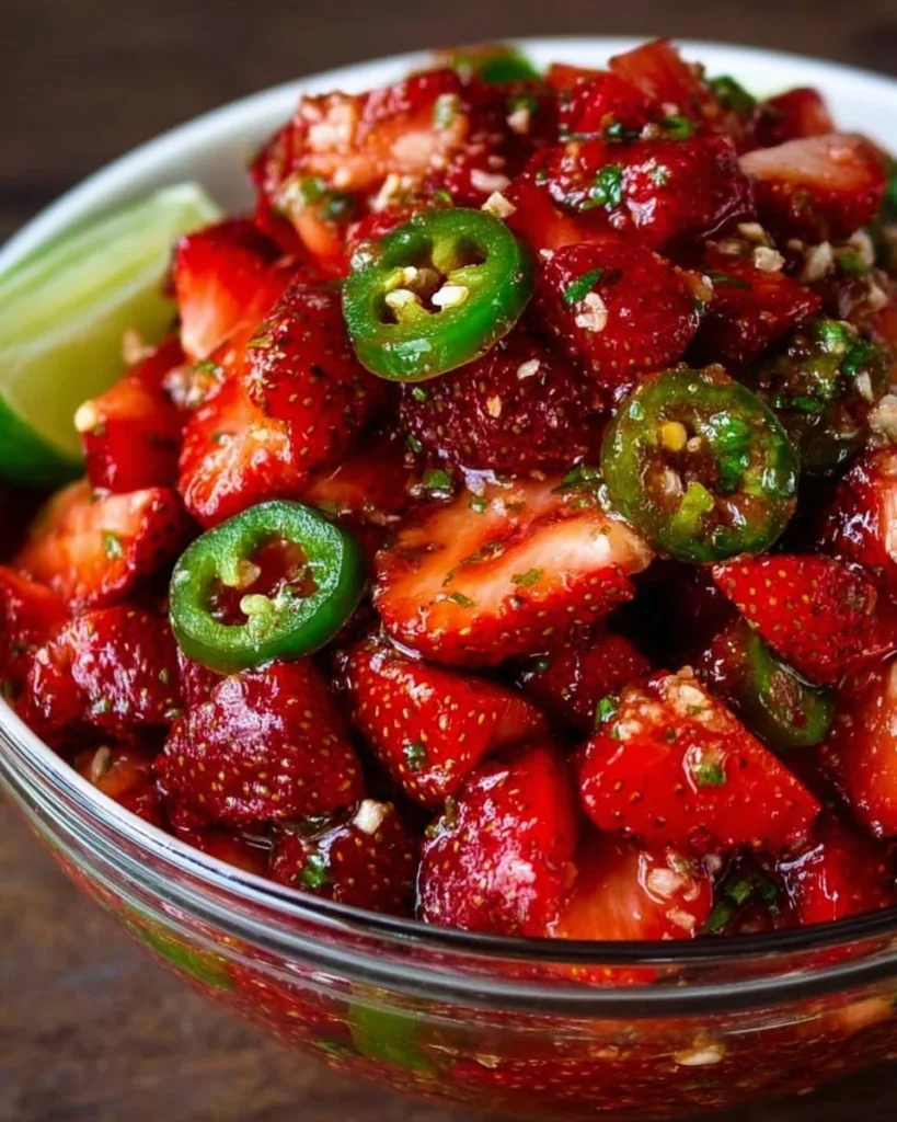 Fresh Strawberry Jalapeño Cowboy Salsa with vibrant ingredients