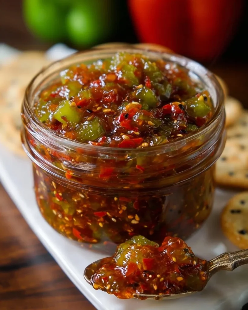 Jar of sugar-free pepper jam with fresh peppers and bread.