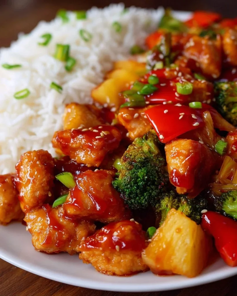 Plate of homemade Sweet and Sour Chicken with vegetables and rice