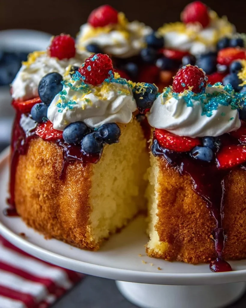 Sweet Berry Lemon Firecracker Cake topped with fresh berries and vibrant lemon icing