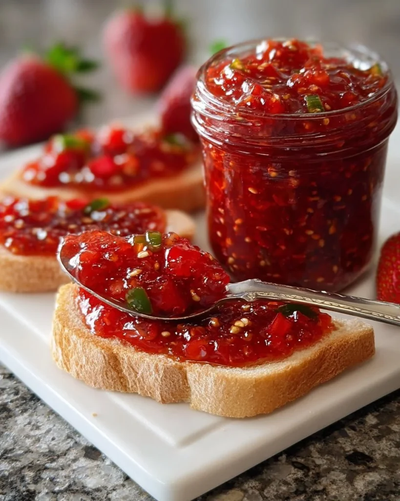 Jar of homemade strawberry jalapeño jam with fresh strawberries and jalapeños