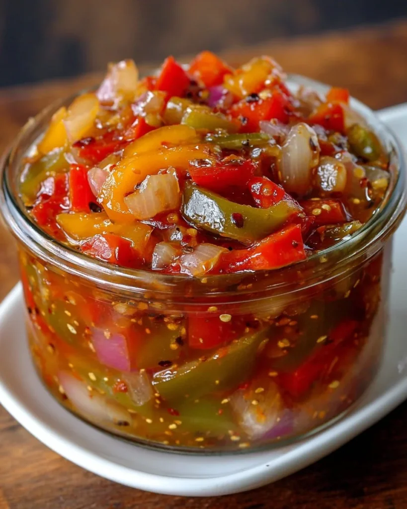 Homemade sweet & tangy old-fashioned pepper onion relish in a jar
