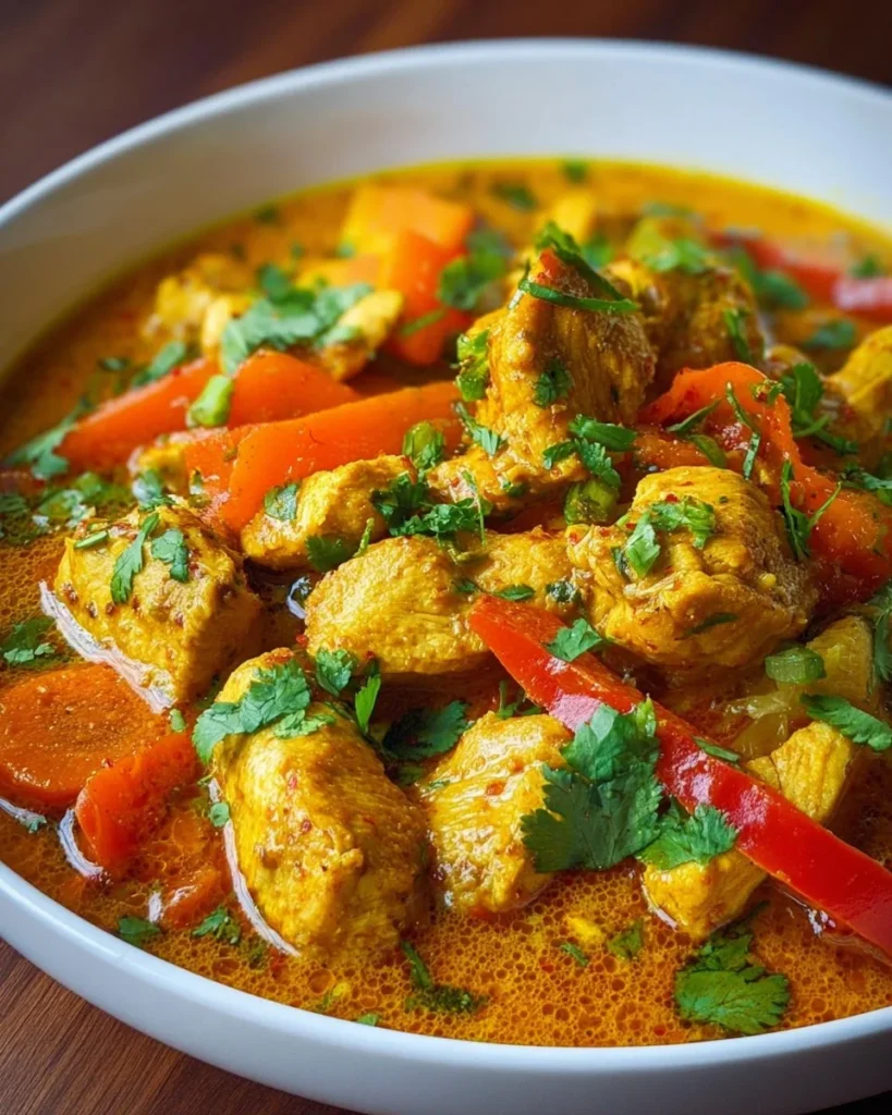 Bowl of homemade Thai Chicken Yellow Curry with vegetables and rice