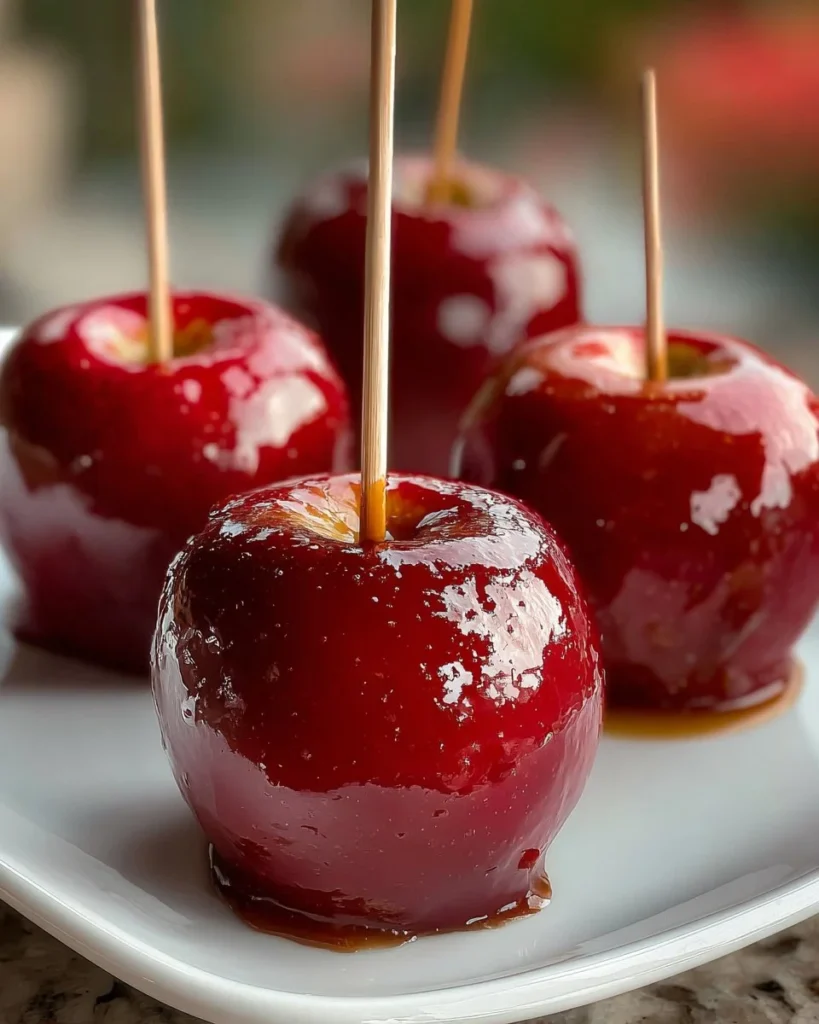 Delicious toffee apples with shiny caramel coating on fresh apples