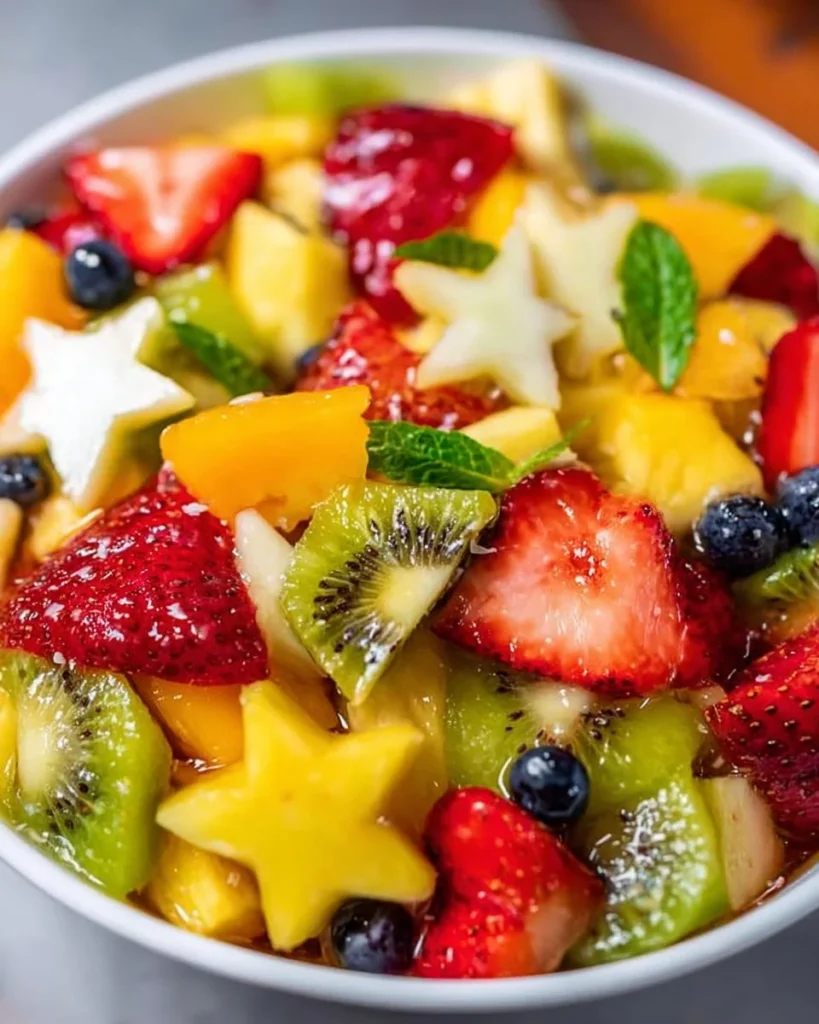 Colorful tropical fruit salad with pineapple, mango, and kiwi in a bowl
