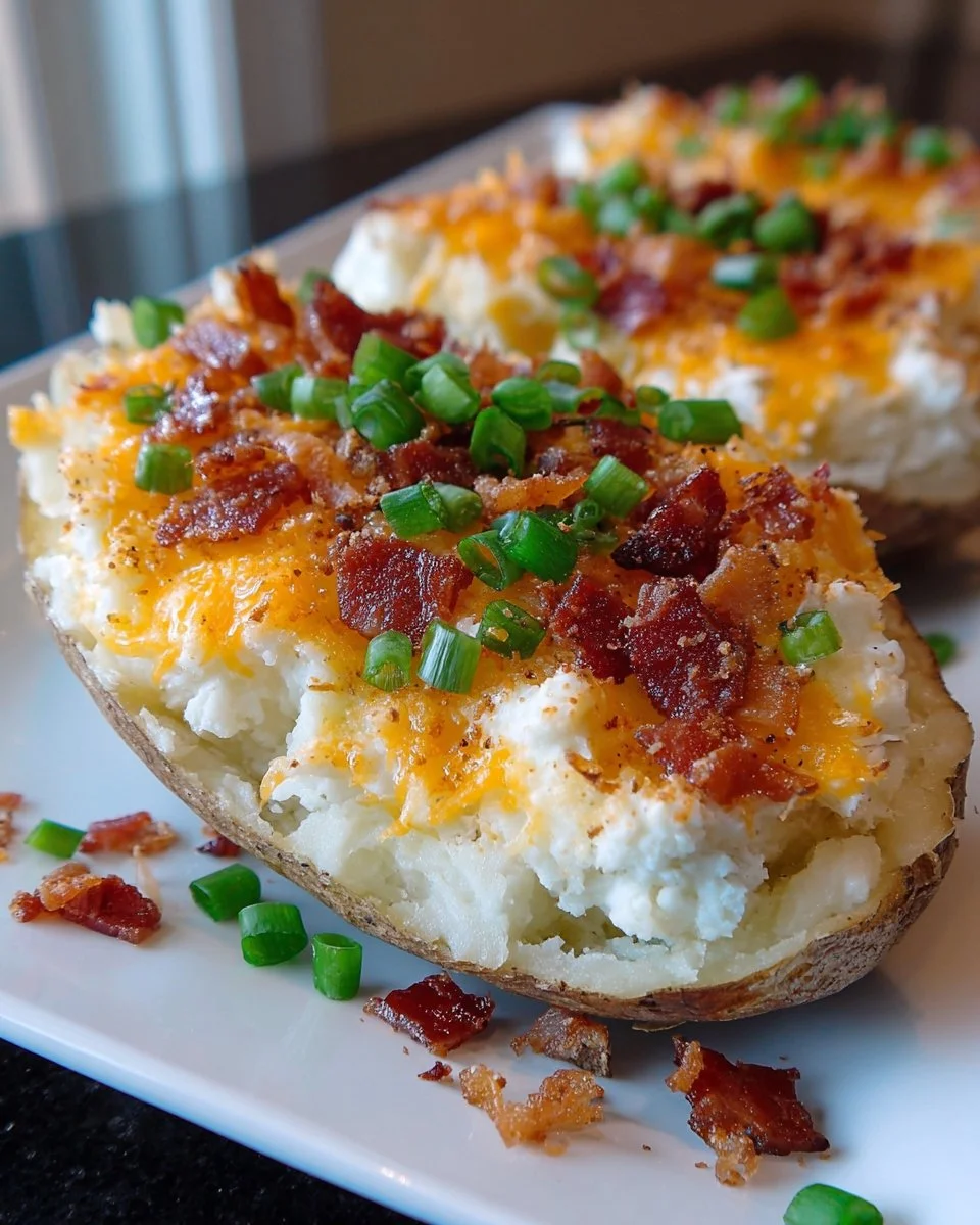 Delicious twice baked potato casserole topped with cheese and green onions