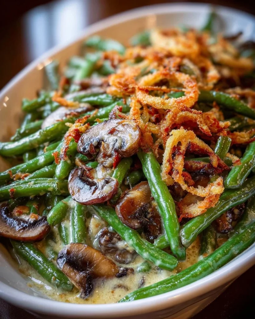 Delicious Ultimate Green Bean Casserole with crispy toppings