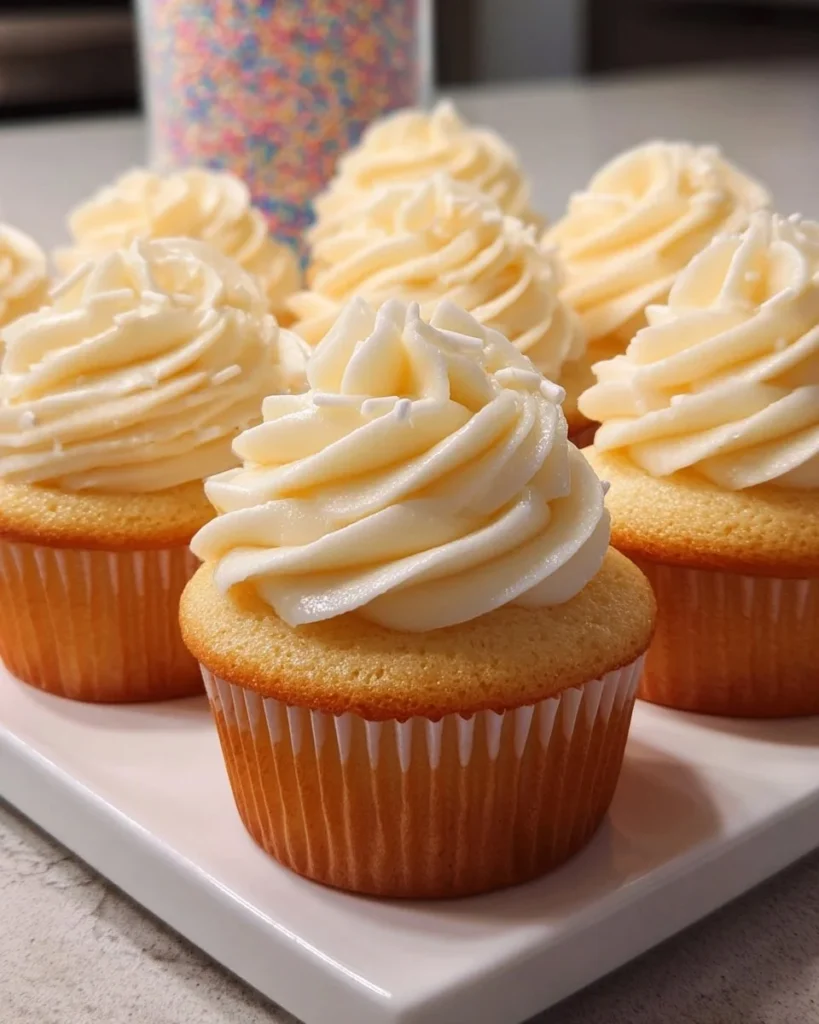 Freshly baked vanilla cupcakes with creamy frosting on a decorative plate