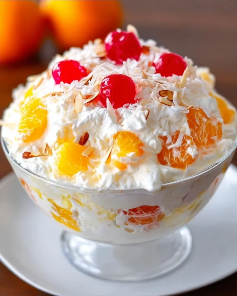 Delicious Ambrosia Salad with fruit, nuts, and marshmallows in a bowl