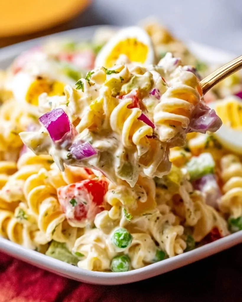 A bowl of colorful Amish Pasta Salad with fresh vegetables and dressing