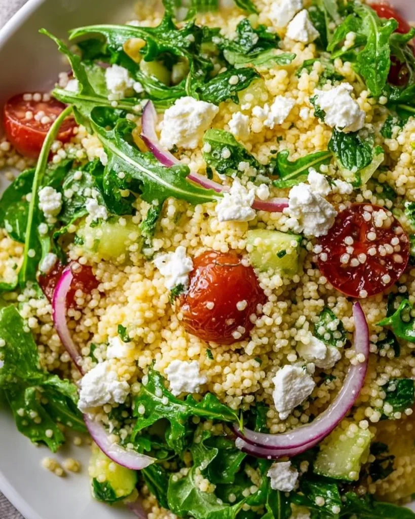 Arugula Couscous Salad with Feta and fresh vegetables