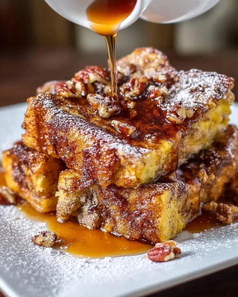 Baked pecan French toast topped with pecans and syrup on a plate